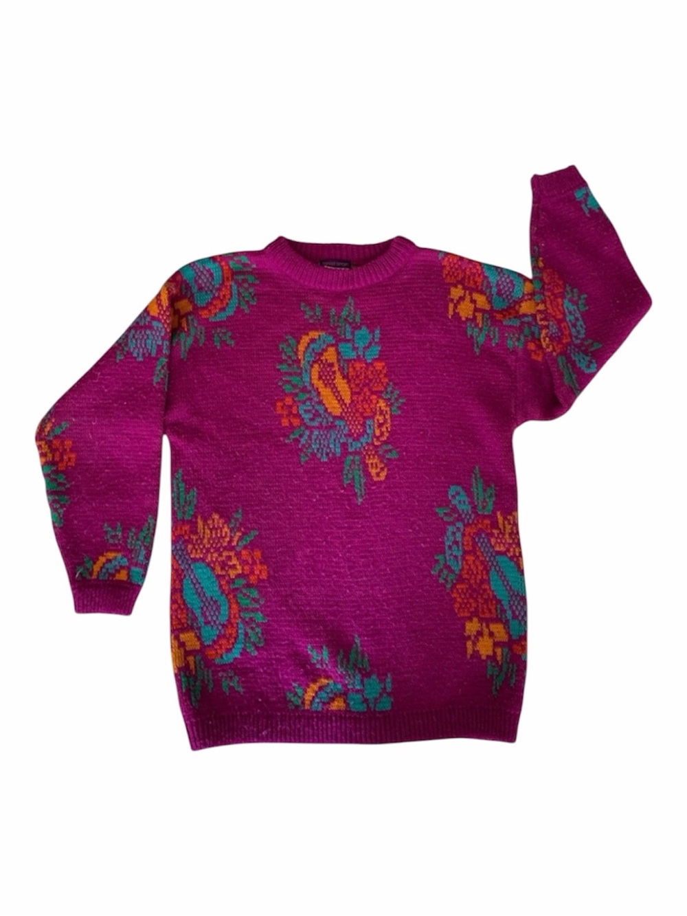 Vintage Espirit Sport 80s Sweater Juniors M Pink Purple Guitar Floral Retro Knit